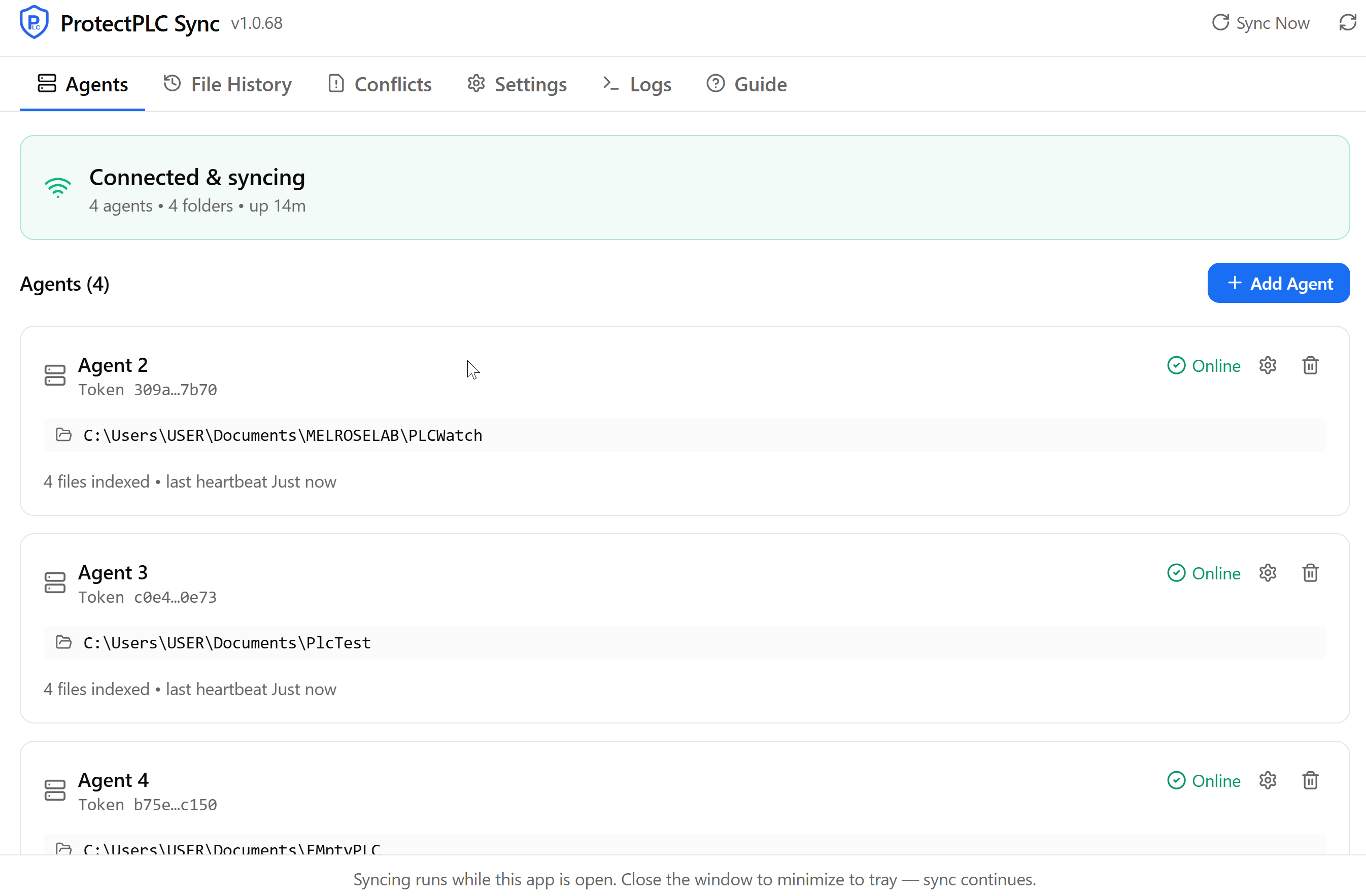 ProtectPLC Desktop app showing the Agents tab with a connected agent, watched folders, and sync status