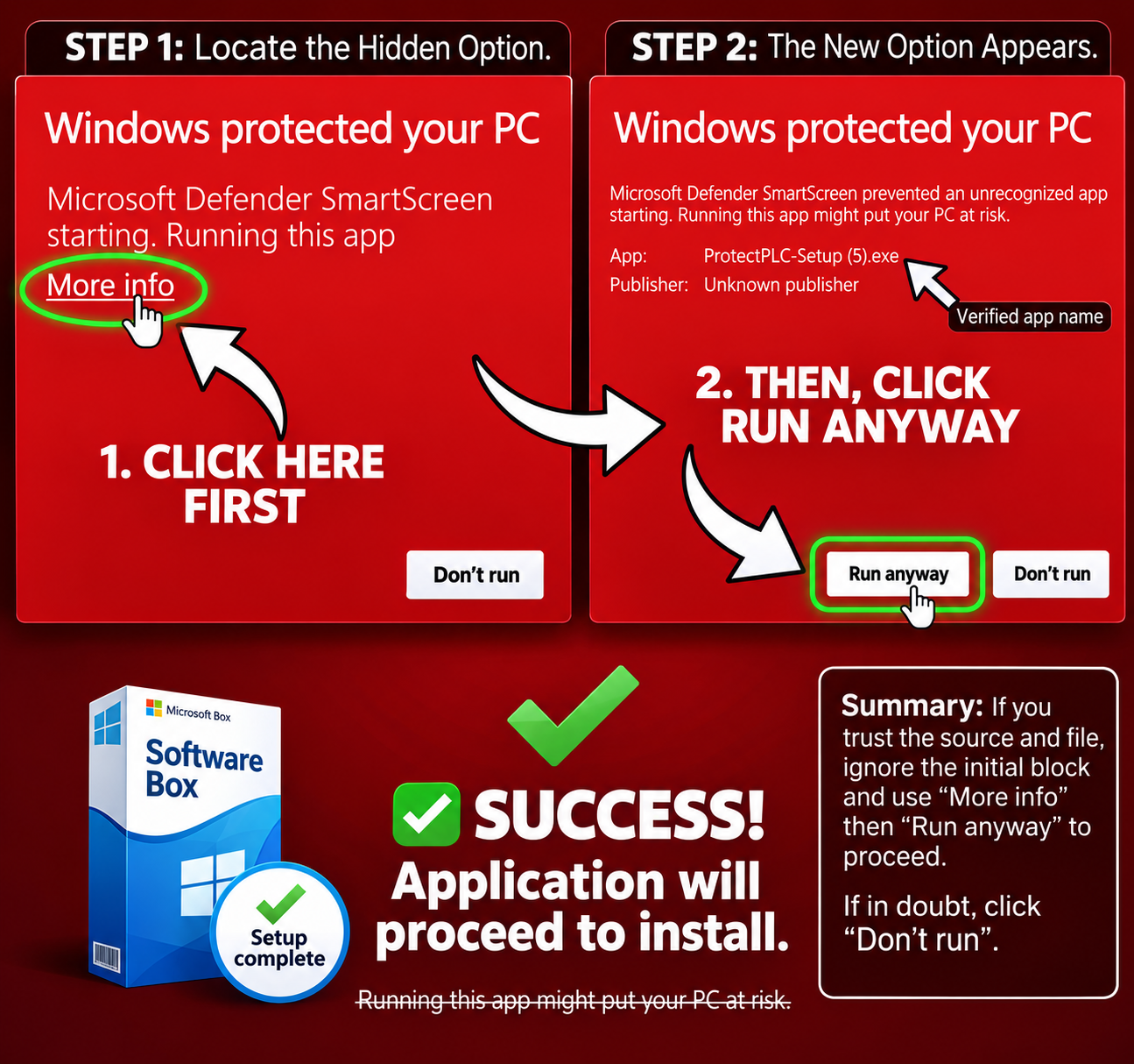 Windows SmartScreen bypass steps: Click 'More info' then click 'Run anyway' to install ProtectPLC Desktop Agent